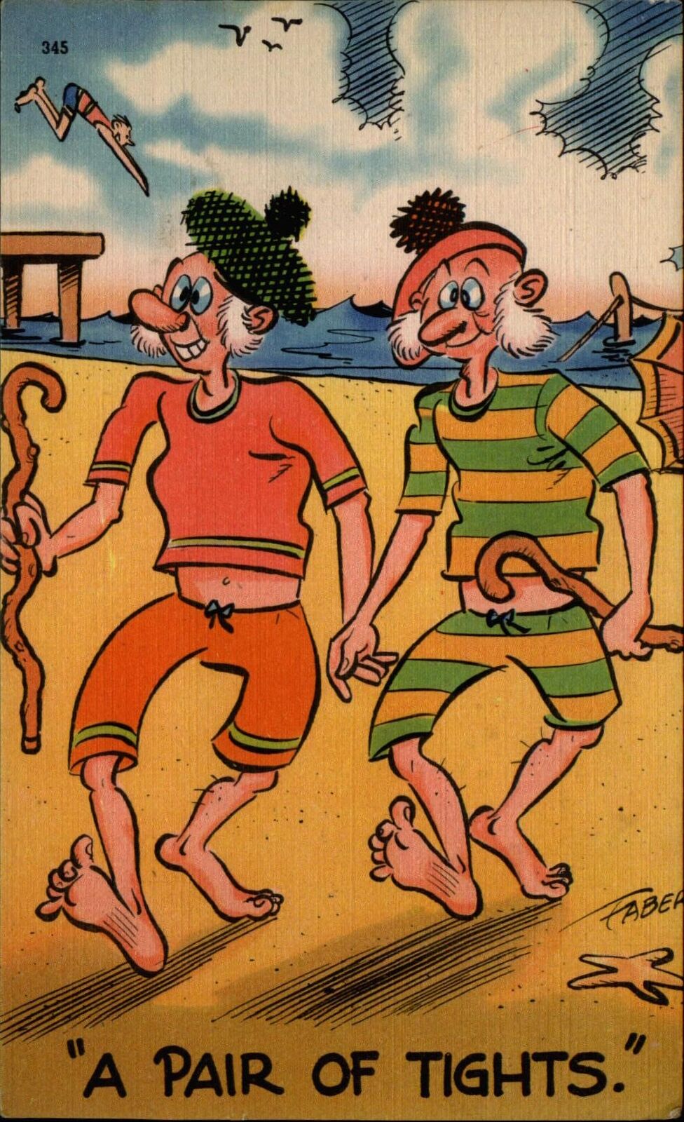 A Pair of Tights ~ drunk old Scottish? Men on beach ~ pun comic 1940s linen