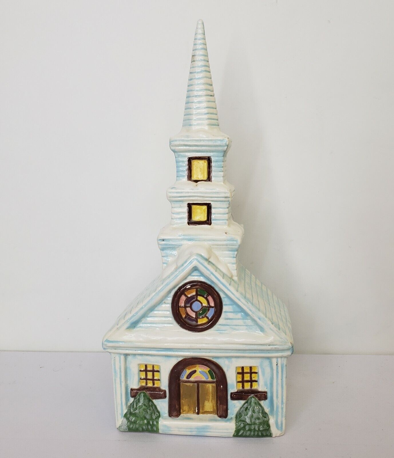Large Vintage Ceramic Bisque Christmas Church w/Steeple & Stained glass. 