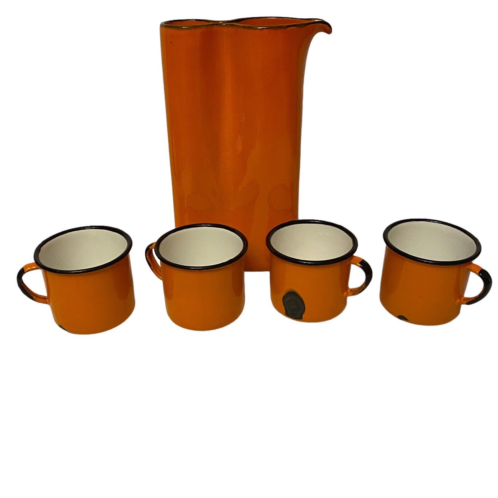 Vintage Huta Silesia Enamelware Orange Whiskey Mugs Cups & Decanter Set Poland
