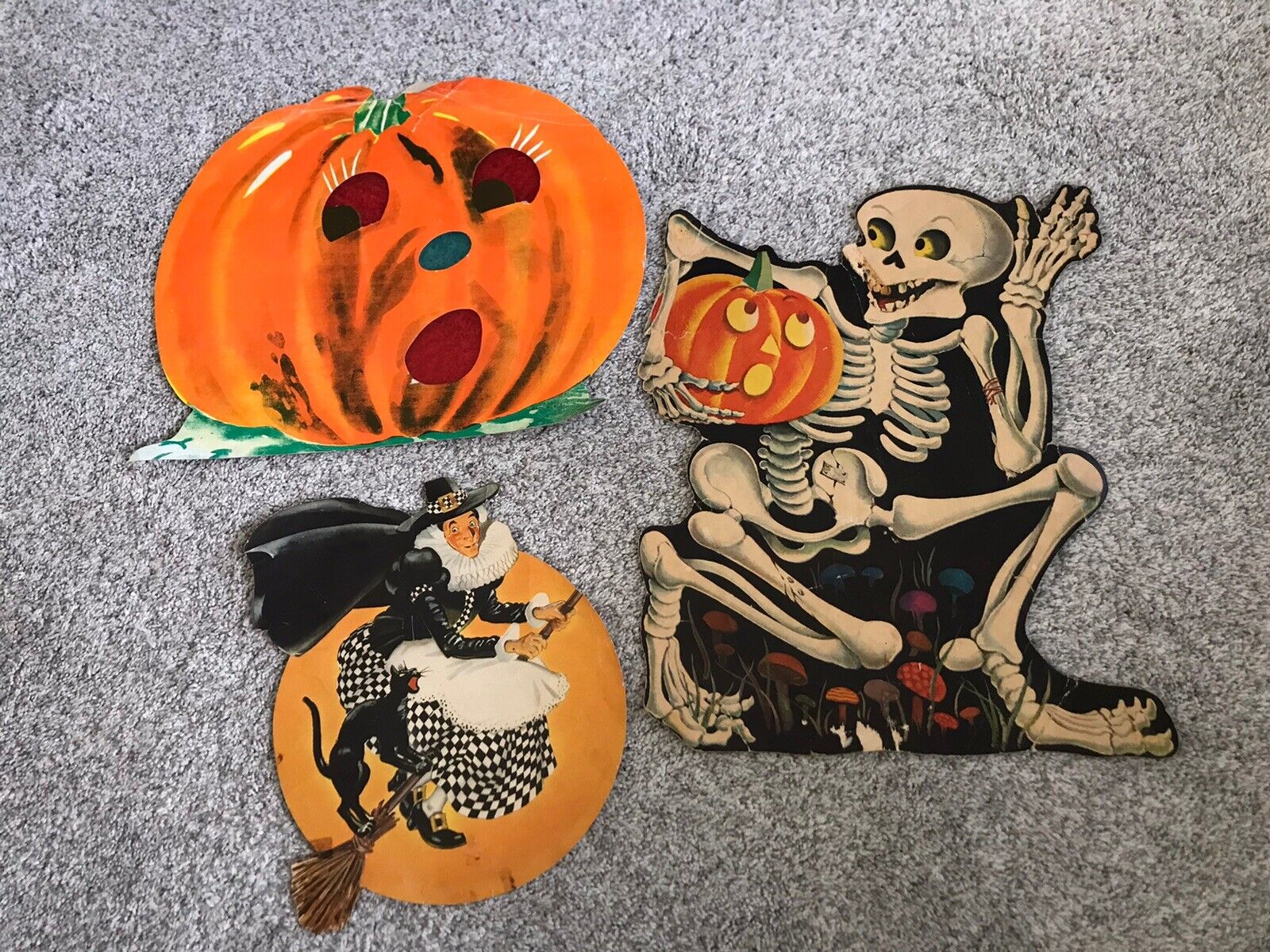 Vtg Halloween Paper Decor 60s Skeleton Mushroom Pumpkin Black Cat Witch Lot Of 3