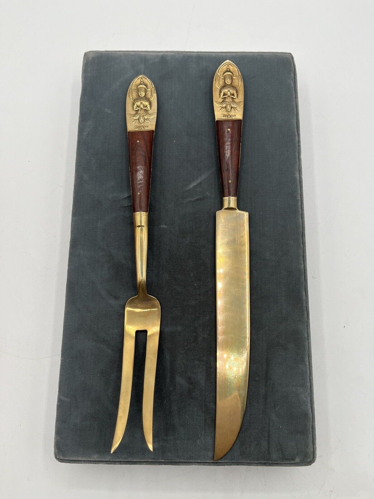 VTG Siam Meat Fork & Knife Set Brass/ Partial Wood Handle