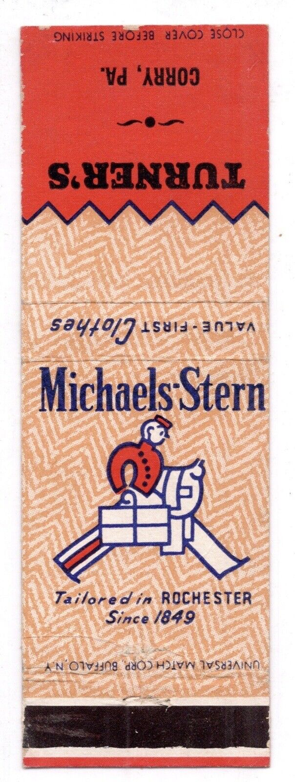 c1940s~Turner’s Store~Michael’s Stern Clothing~Corry PA~Vintage Matchbook Cover