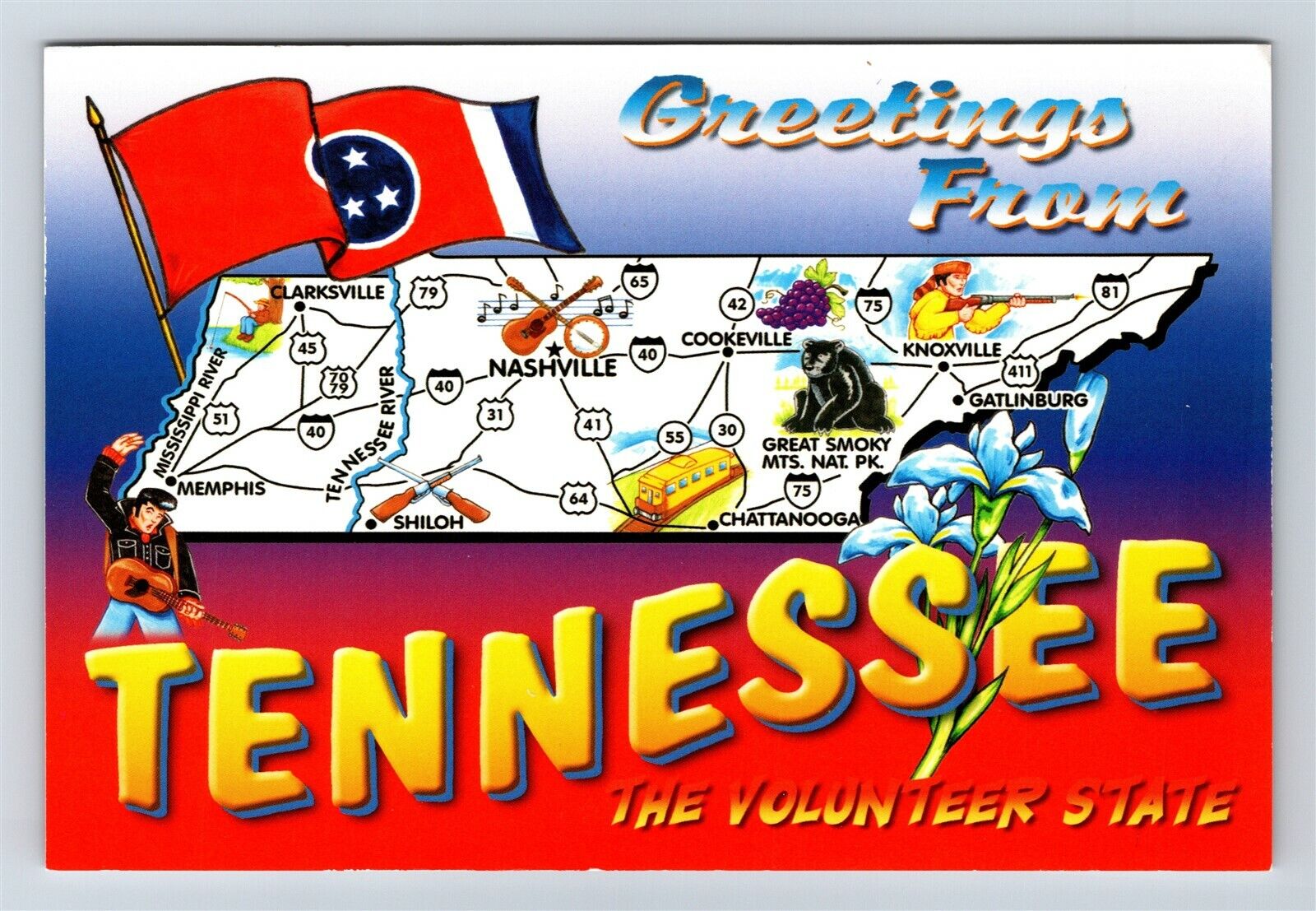 Postcard TN Greetings From Tennessee State Map Flag Volunteer State AJ2