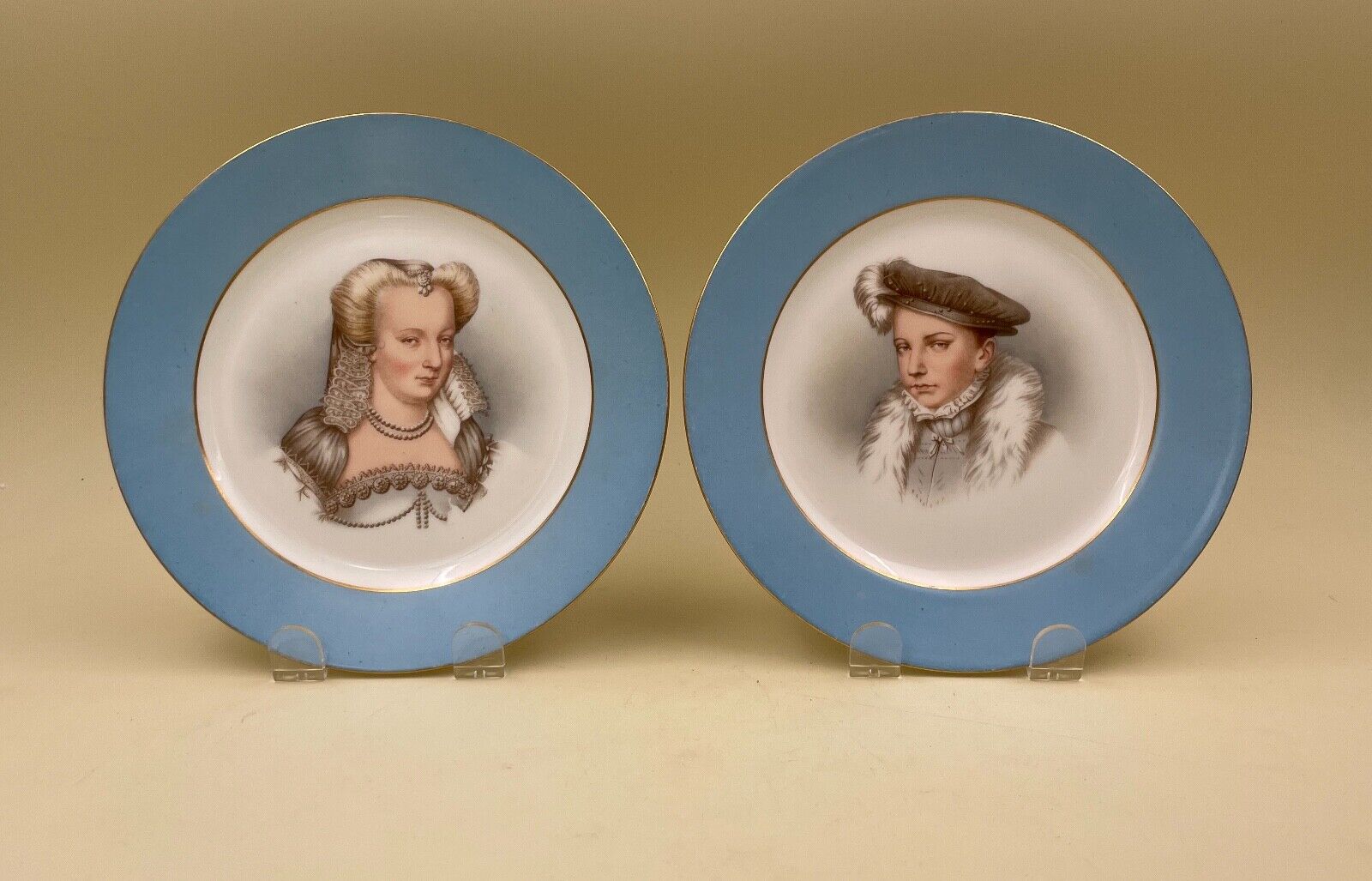 Pair Antique French Sevres Portrait Plates, Louise de Lorraine and Francois II