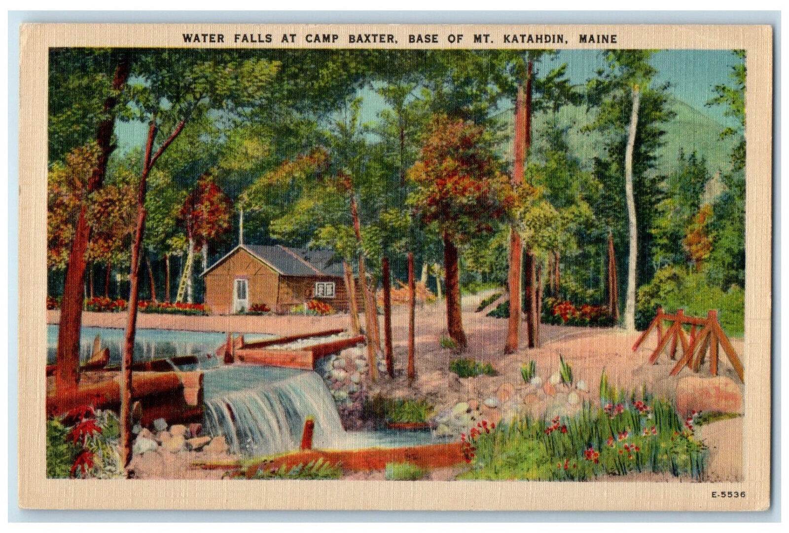 c1940s Water Falls at Camp Baxter Base of Mt. Katahdin Maine ME Vintage Postcard