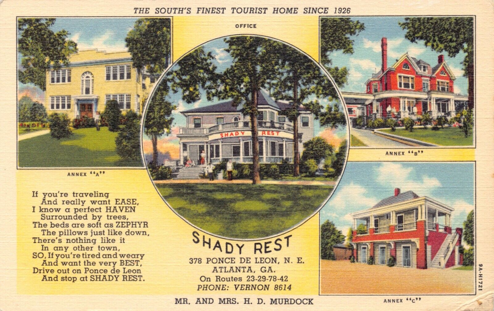 GA~GEORGIA~ATLANTA~SHADY REST TOURIST HOME~378 PONCE DE LEON AVE~C.1939
