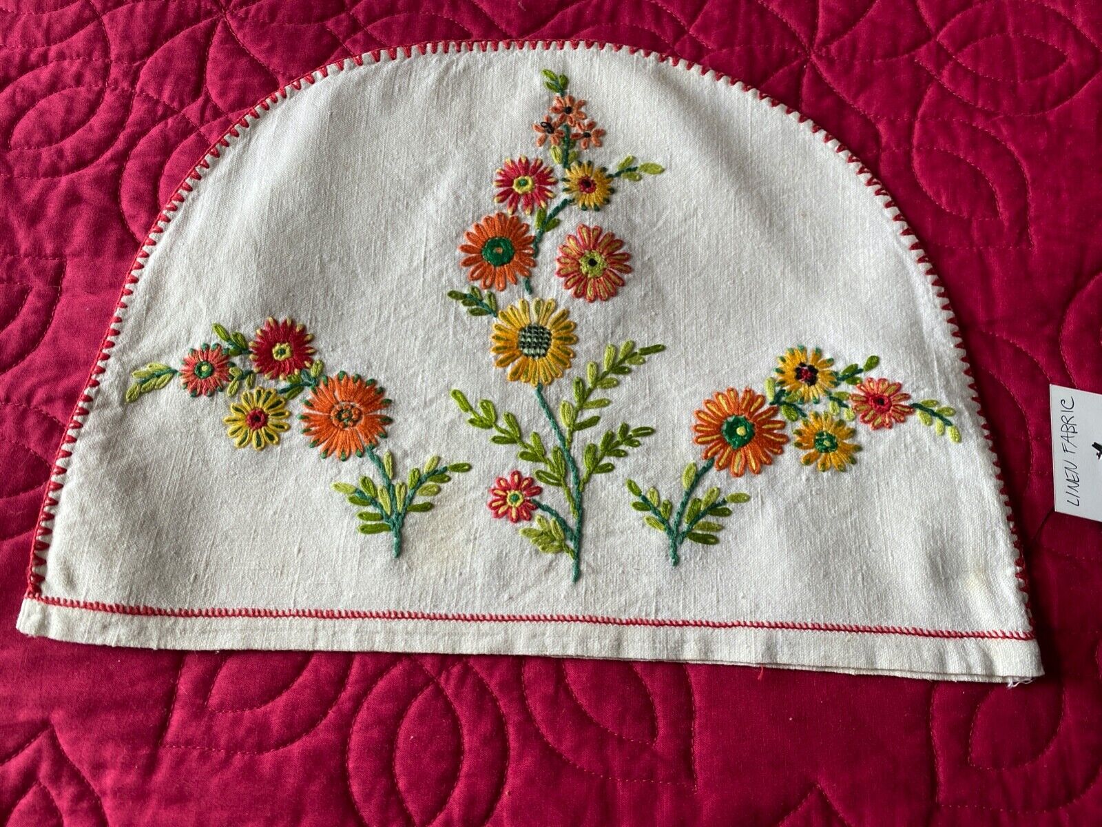Vintage Preloved Hand Made Linen Brightly Embroidered Tea Cosy