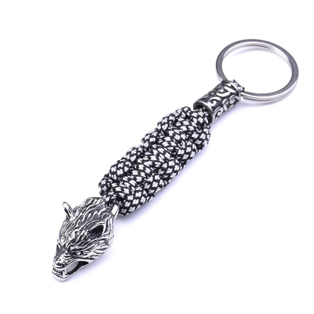 Men's Vintage Stainless Steel Wolf Keychain Keyring Parachute Rope Key Chain New