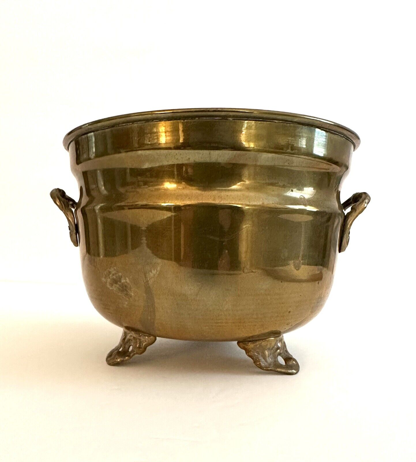 Vintage Brass Cauldron Pot 3 Footed Planter Ornate Feet Handles 6” Diameter