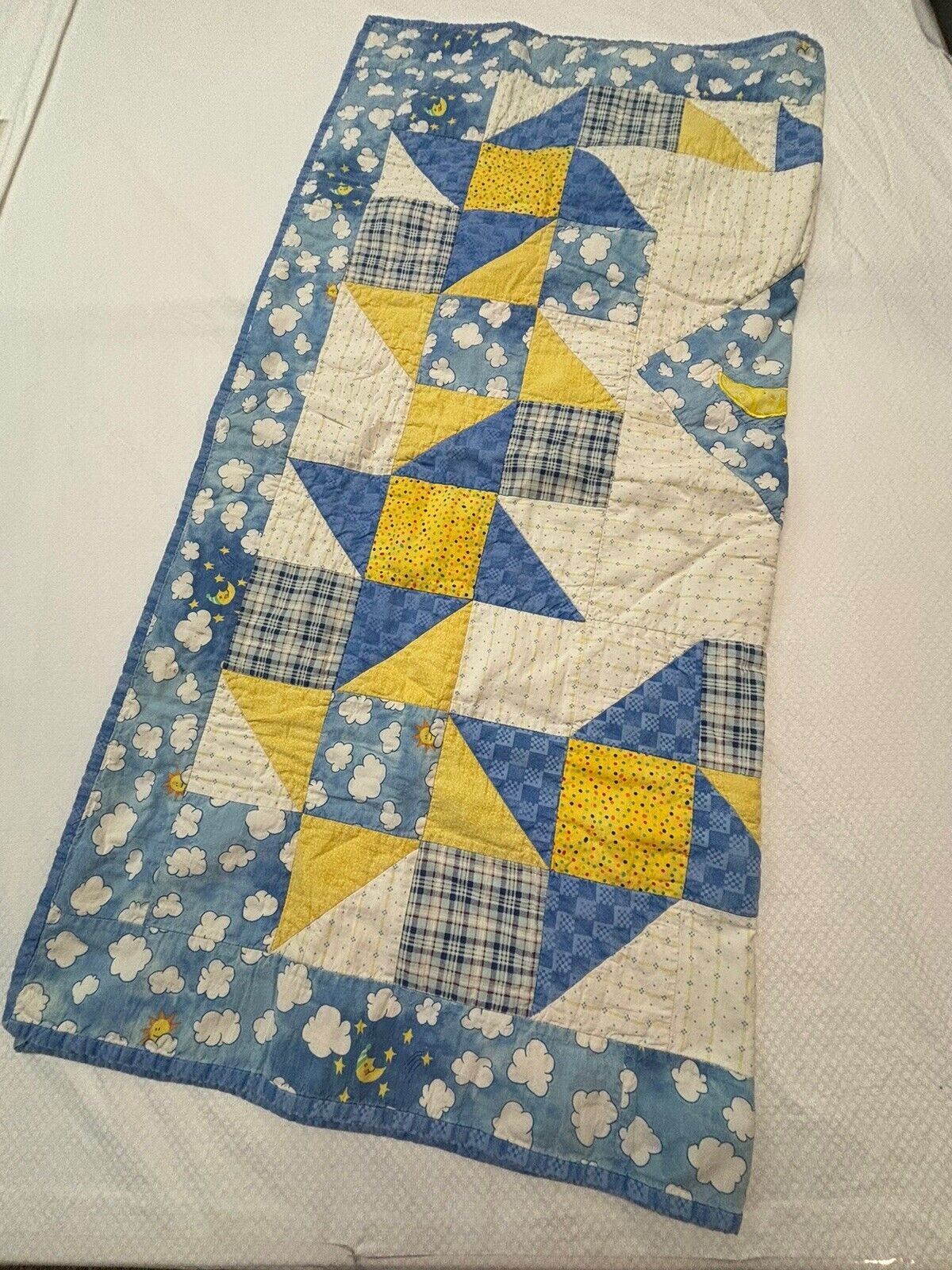 Vintage Quilt For Baby Homemade Bear Print With Yellow/Blue/White Machine Stitch