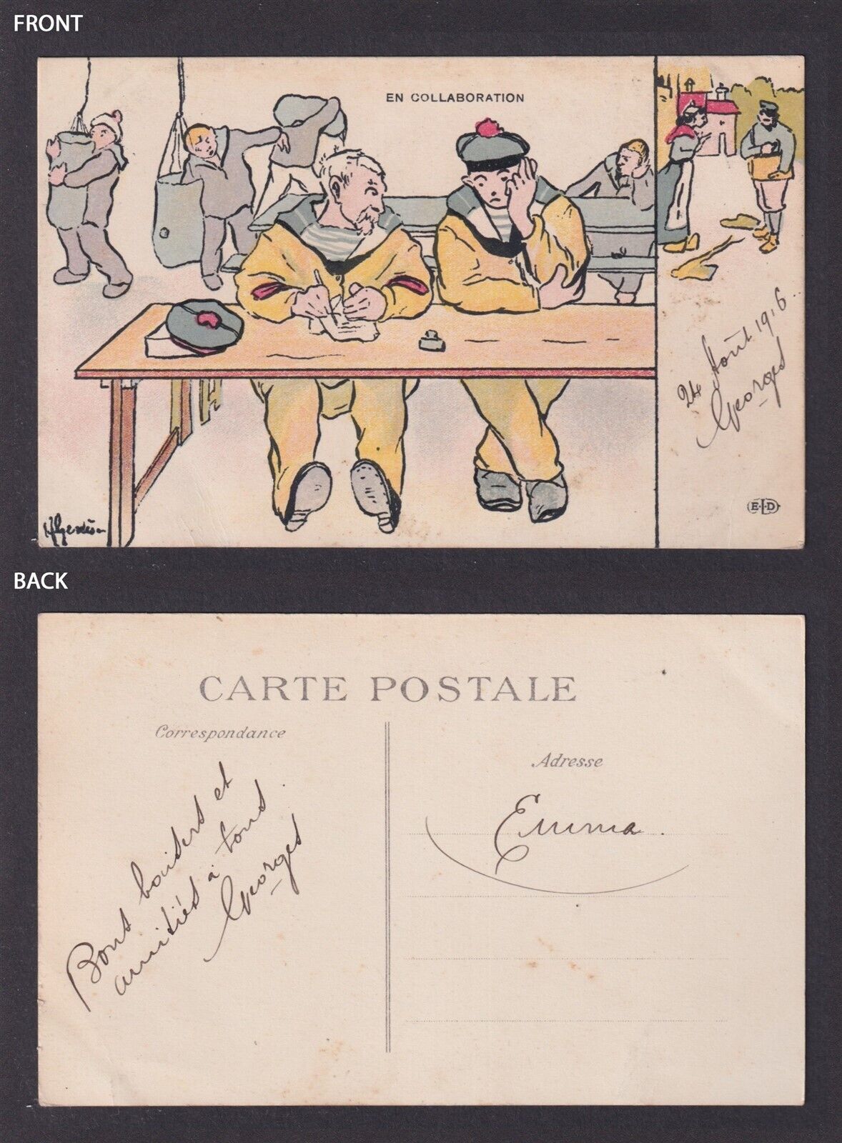 Propaganda postcard, Marine life, In Collaboration, Satire, WWI