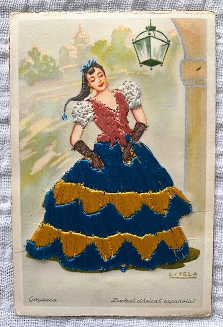Vintage Postcard, Embroidered, Embroidery, Goyesca Spain Madrid Dancer Signed