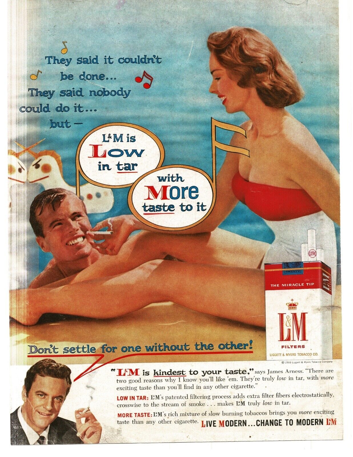 1959 L&M Cigarettes man woman at poolside James Arness Matt Dillon Print Ad