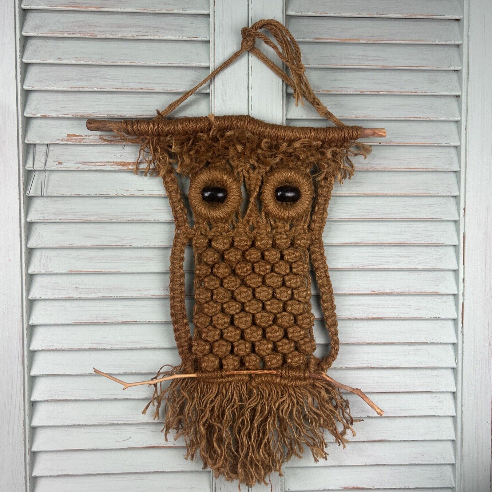 Owl Macrame Jute Wall Hanging Handmade Boho Retro Hippie 1970s MCM 25\