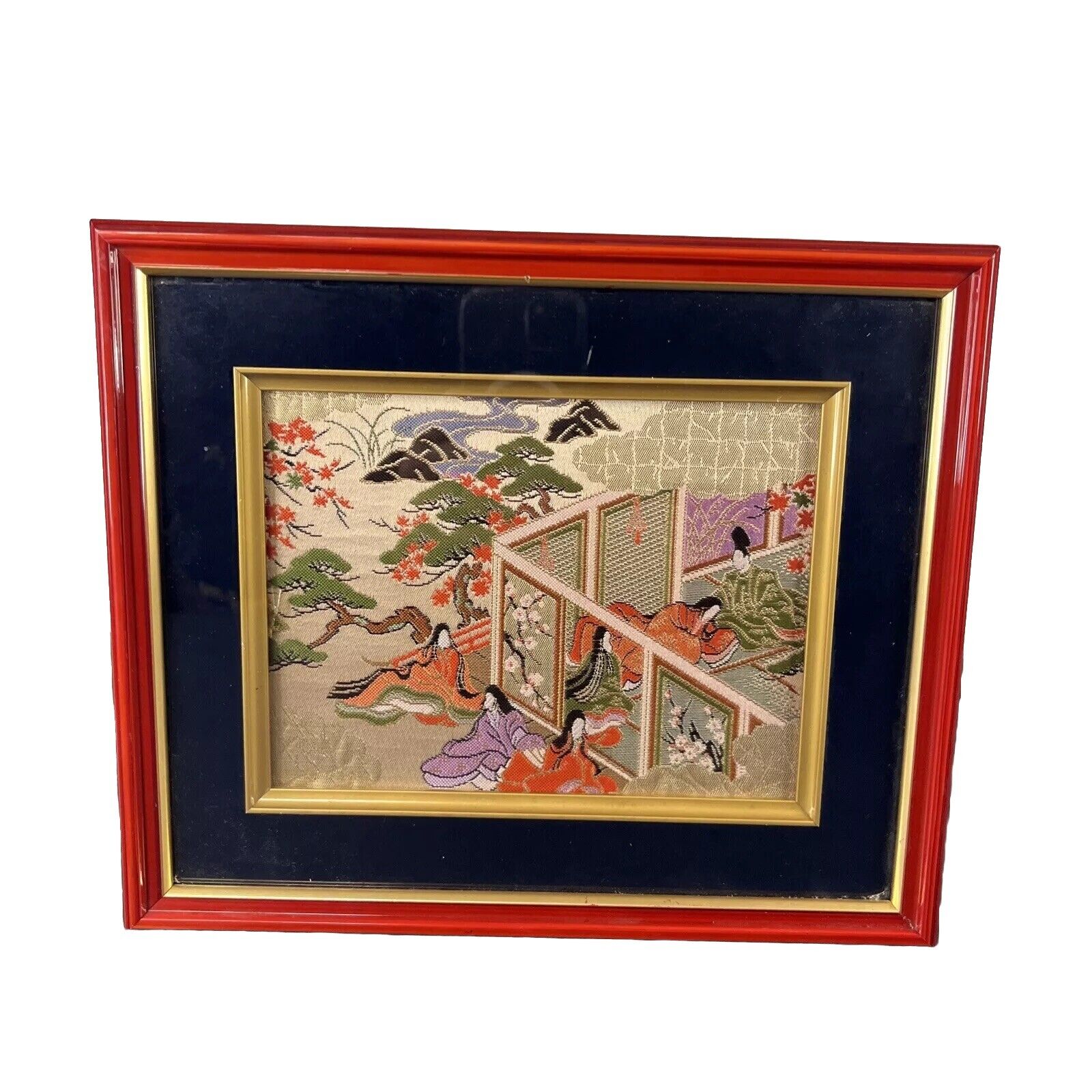 Small Japanese Wall Art Kyoto Nishijin Woven Stitch Red Frame Japan Home Deco