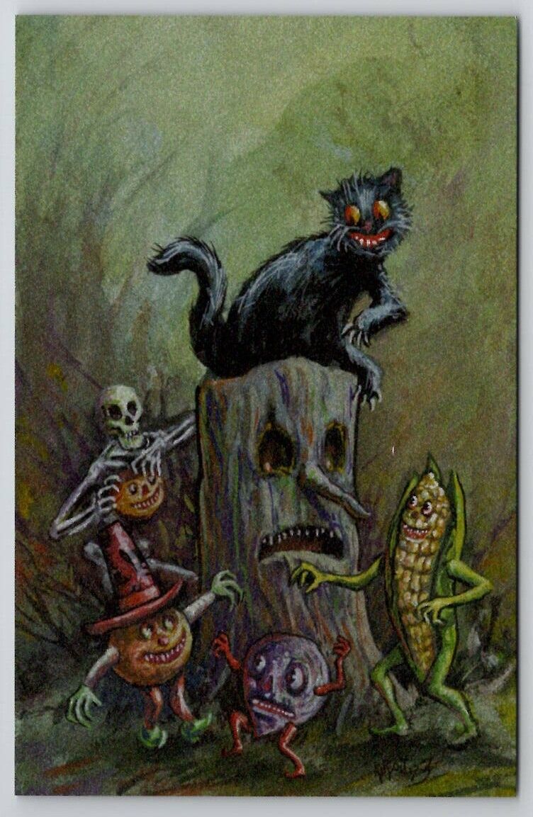 Halloween Matthew Kirscht Little Creeps Wicked Cat Skelton 2023 LE Postcard MK
