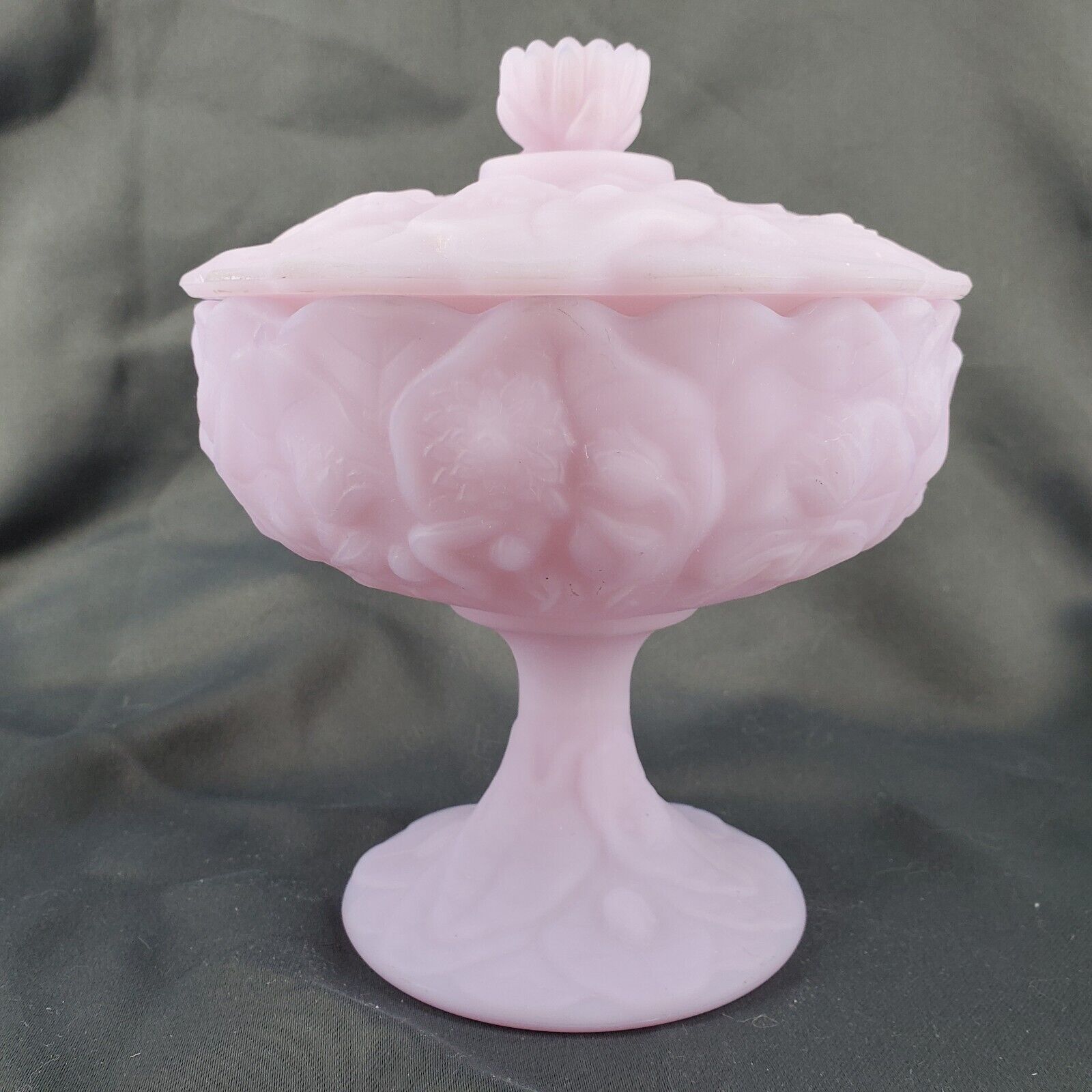 Fenton Lavender Satin Glass Water Lily Footed Candy Compote Lid Lilac Purple