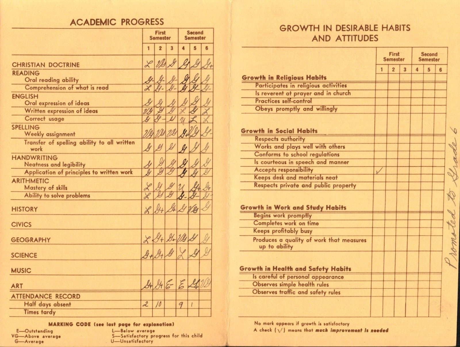 1957/58 FIFTH GRADE REPORT CARD - ST.JOHN BERCHMAN SCHOOL ARCHDIOCESE OF CHICAGO