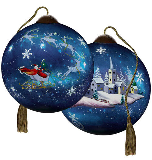 Ne'Qwa 7241104 Santa & Blue Reindeer Flying Over Village Ornament 2.5