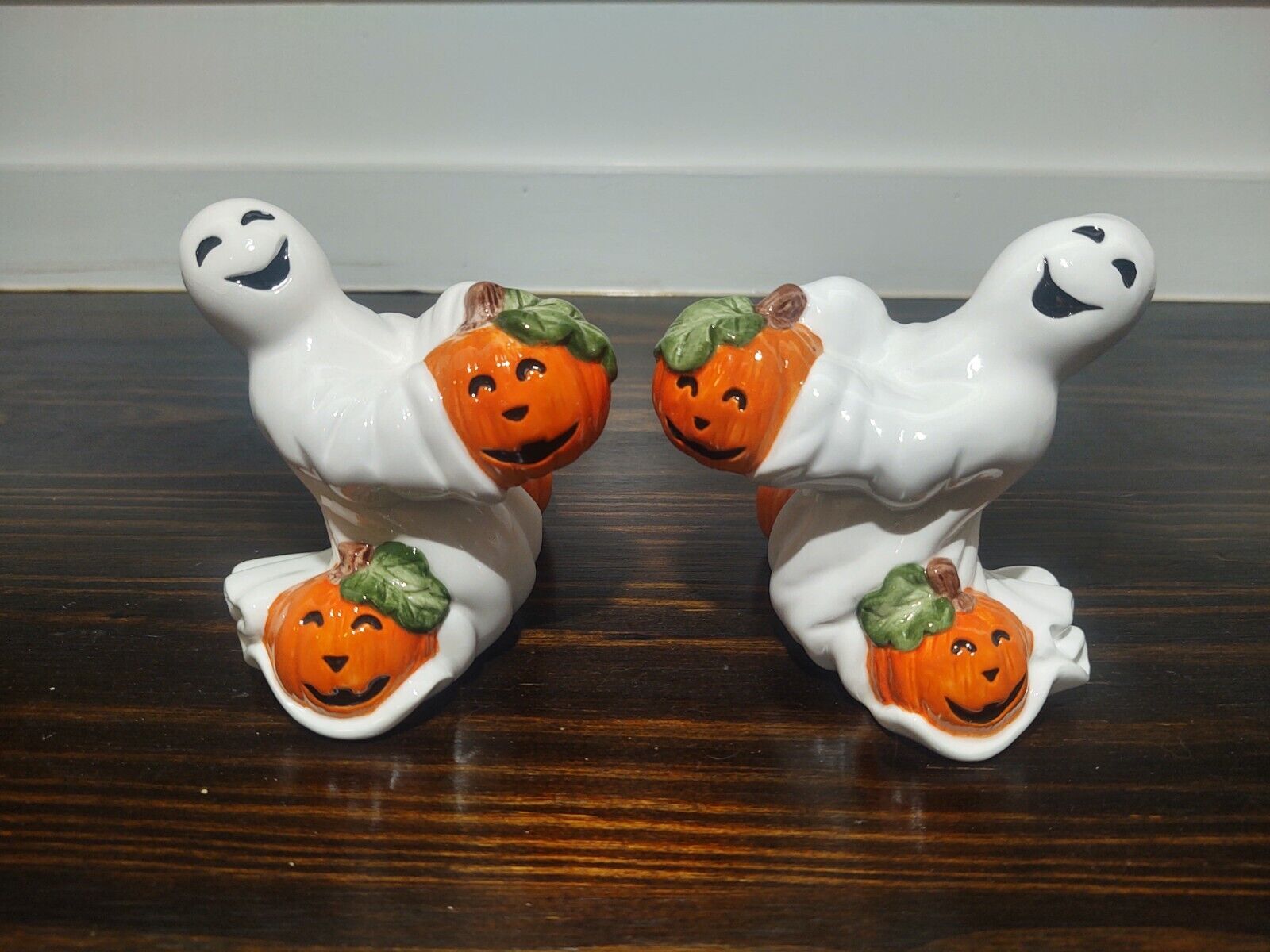 VTG Fitz and Floyd Halloween Ghost & Pumpkin Figurine Taper Candle Holders