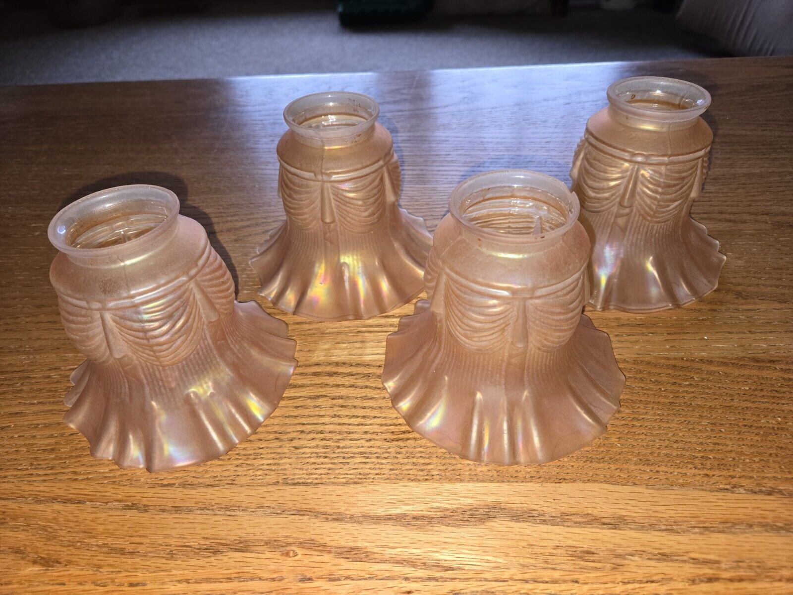 Four Vintage Carnival Glass Ruffled Lamp Shades-Marigold, Drapery Pattern
