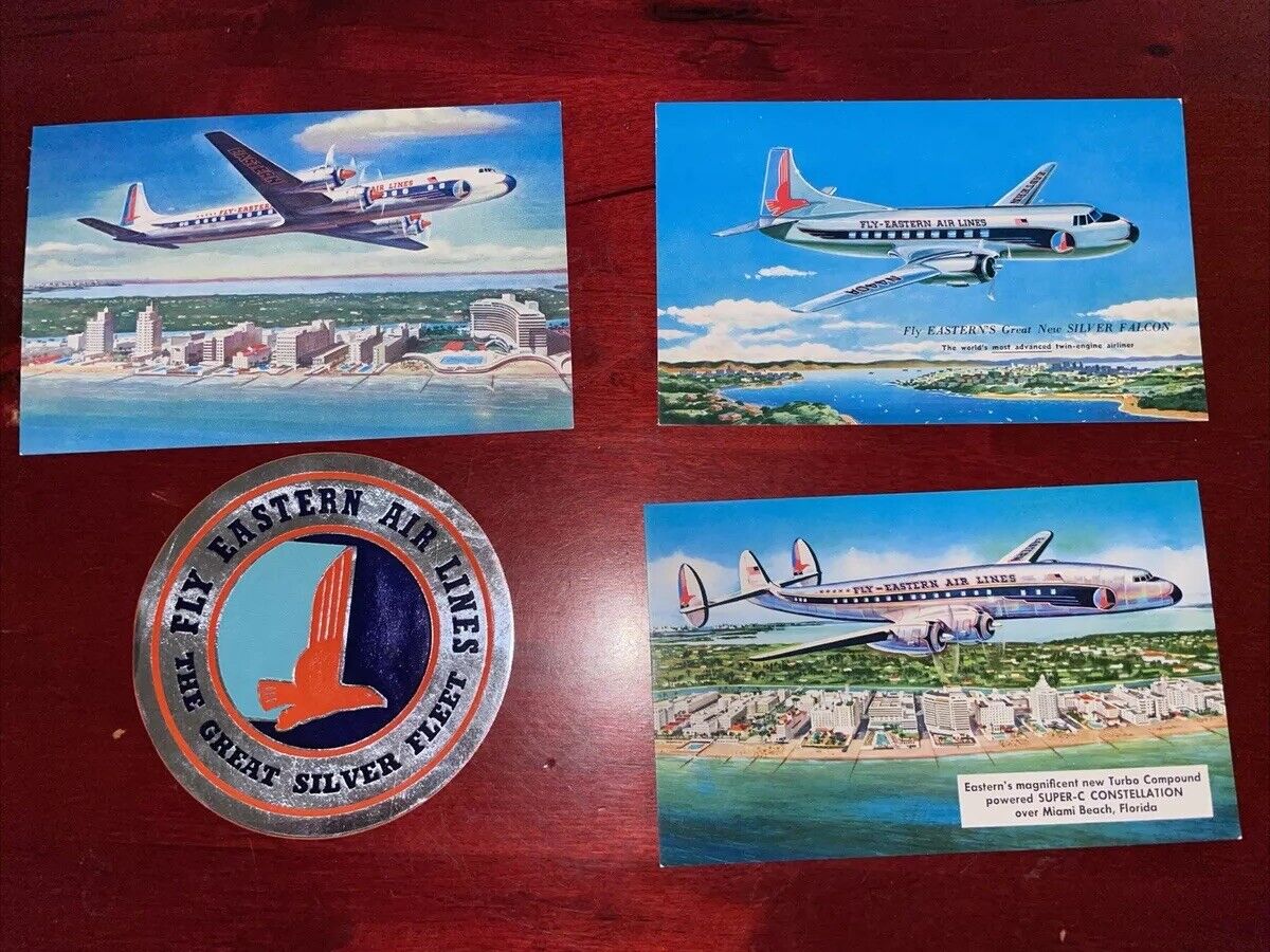 Eastern Airlines Vintage Collectibles 3 Postcards @ 1 Sticker Silver SEE COMMEN