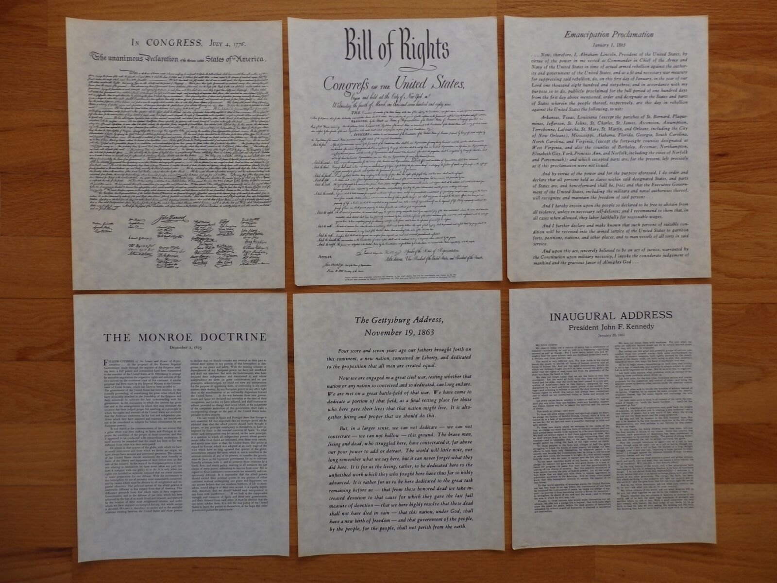 6 Documents on Parchment Paper- Declaration of Independence, Bill of Rights +