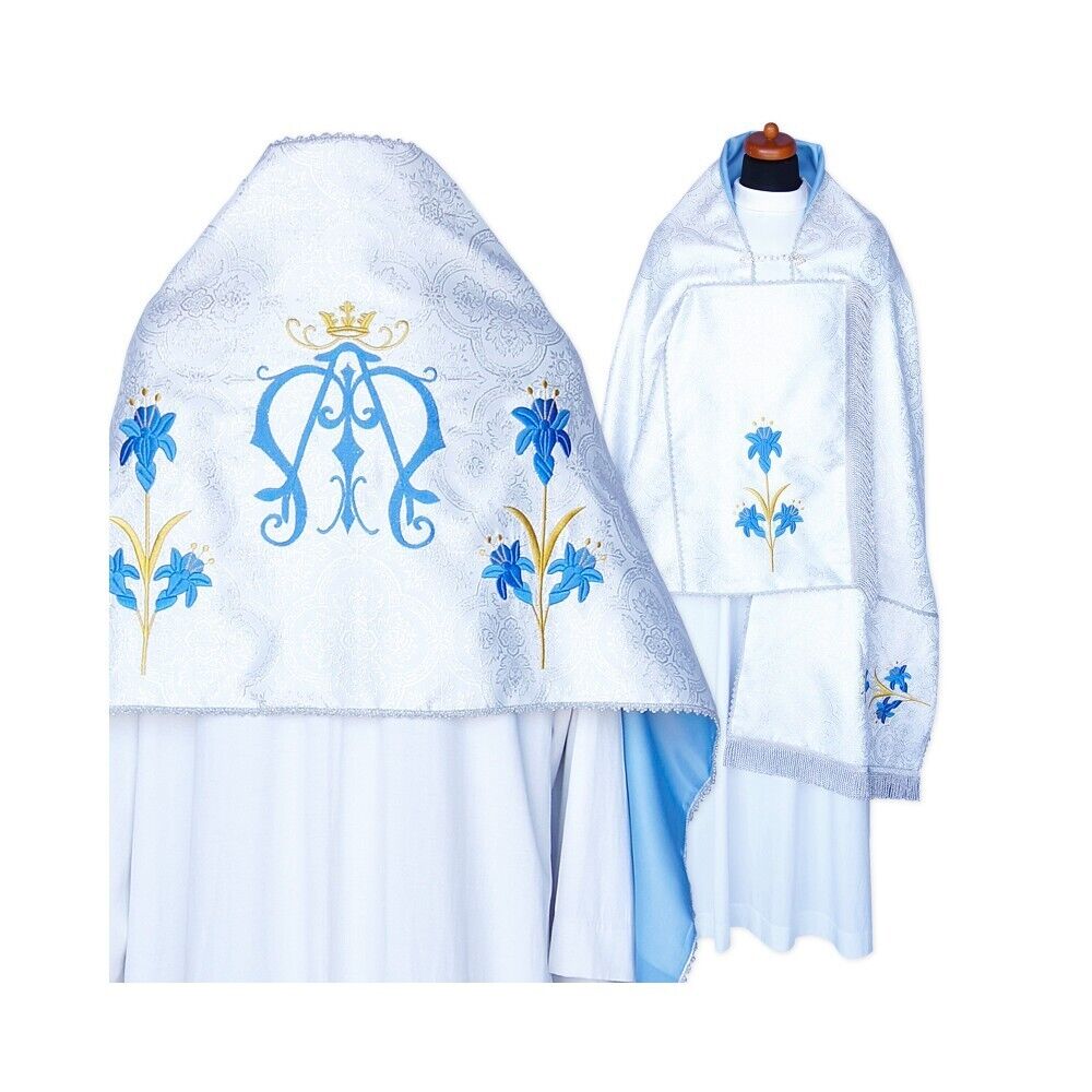 White Marian Humeral Veil Catholic Priest Silver and Blue Flower Embroidery