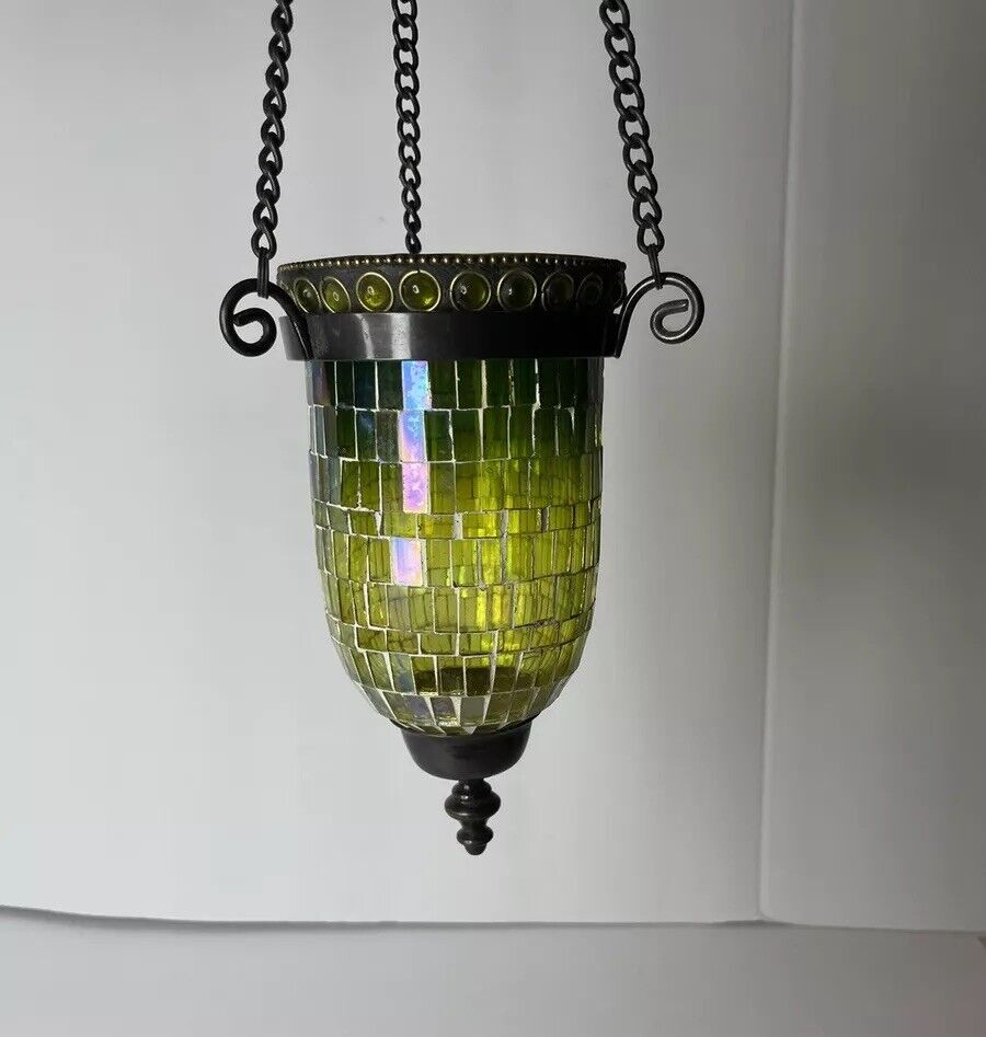Vintage Mid Century Modern Green Mosaic Glass Hanging Candle Lantern