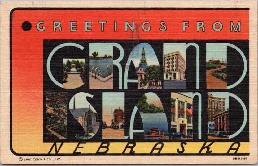 c1940 GRAND ISLAND, Nebraska Large Letter Postcard Multi-View / Curteich Linen