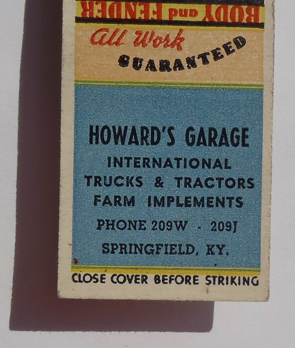 1940s Howards Garage International Trucks Tractors Farm Springfield KY Matchbook