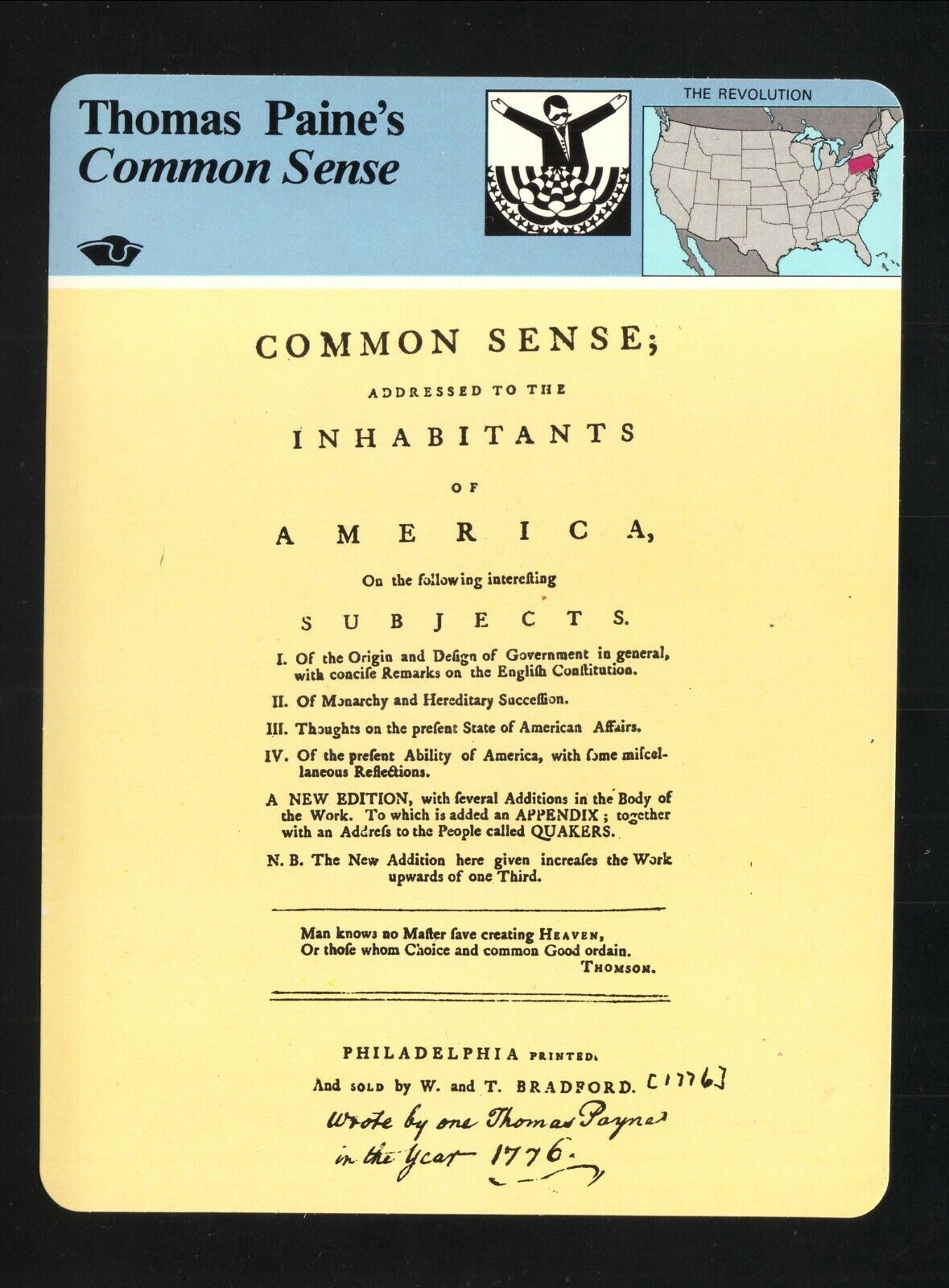 Thomas Paine\'s Common Sense--Story Of America--1979 Panarizon Card