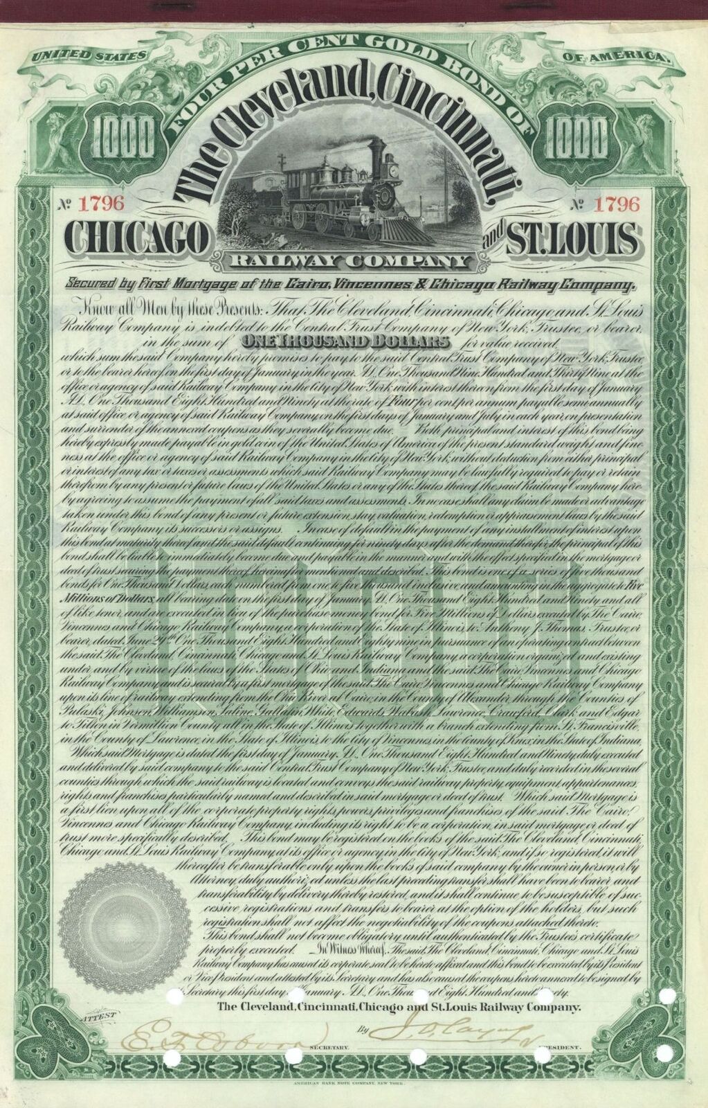 Cleveland, Cincinnati, Chicago and St. Louis Railway Co. - dated 1890 $1,000 Rai