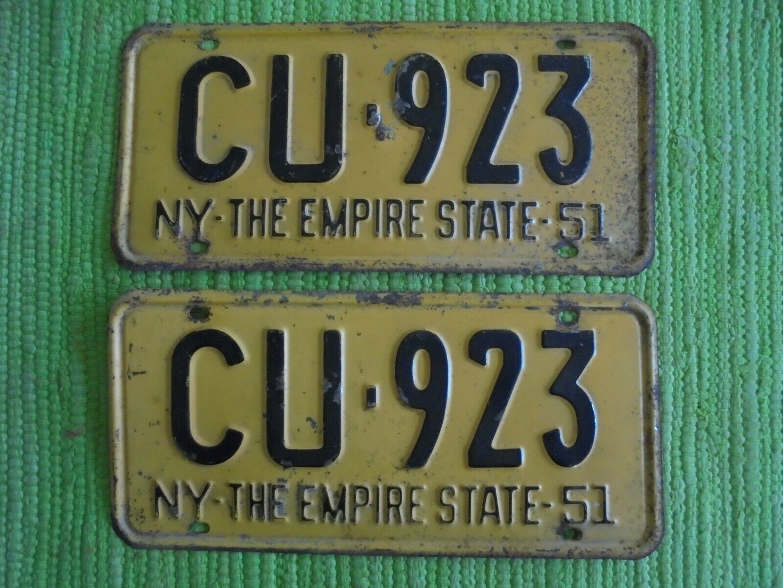 1951 New York License Plate Matched Pair 51 NY Tag CU-923 Plates Empire State