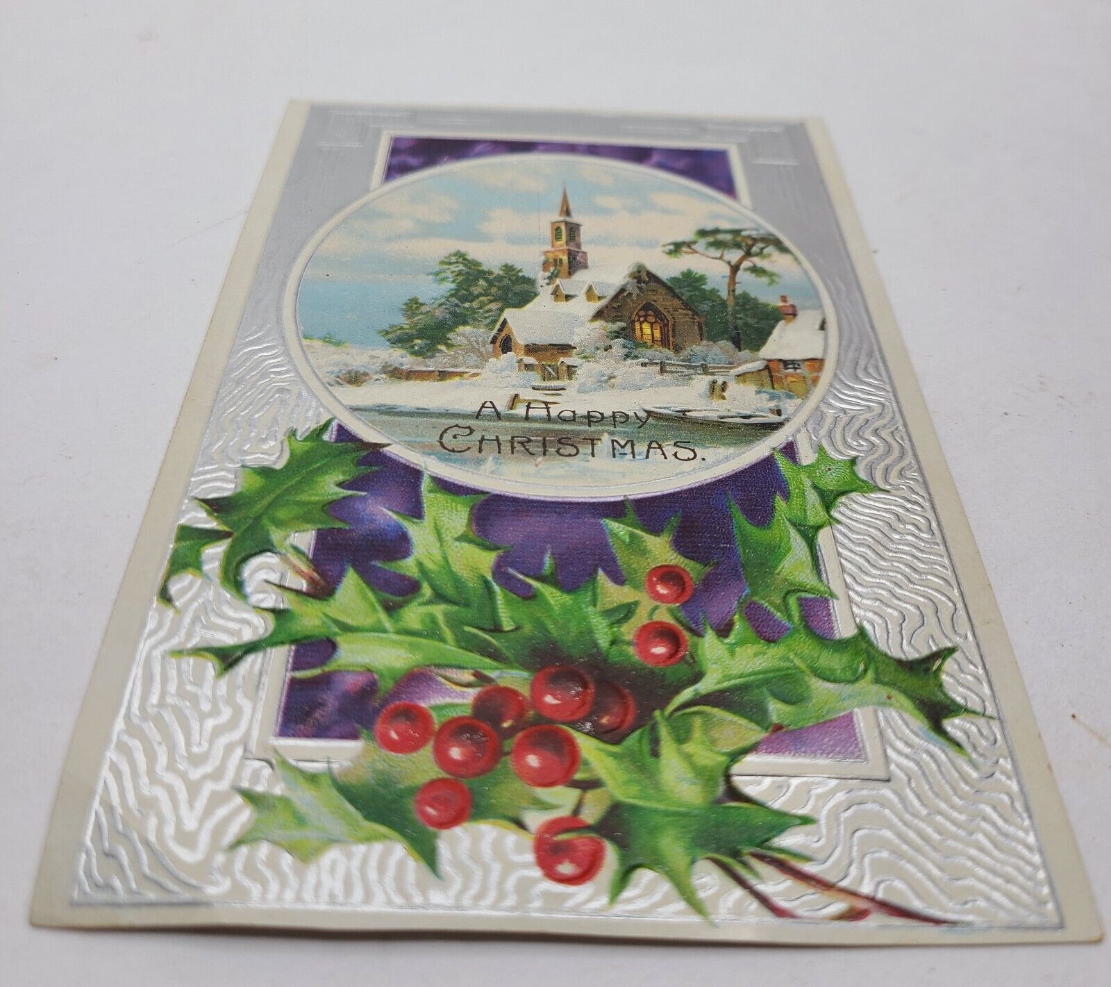 Antique Unused  Christmas Postcard Holly Winter Church Scene Embossed