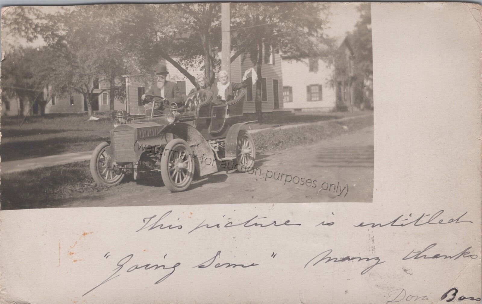 1905 RPPC of folks in a car, Waterloo, NY postmark, New York Real Photo Postcard