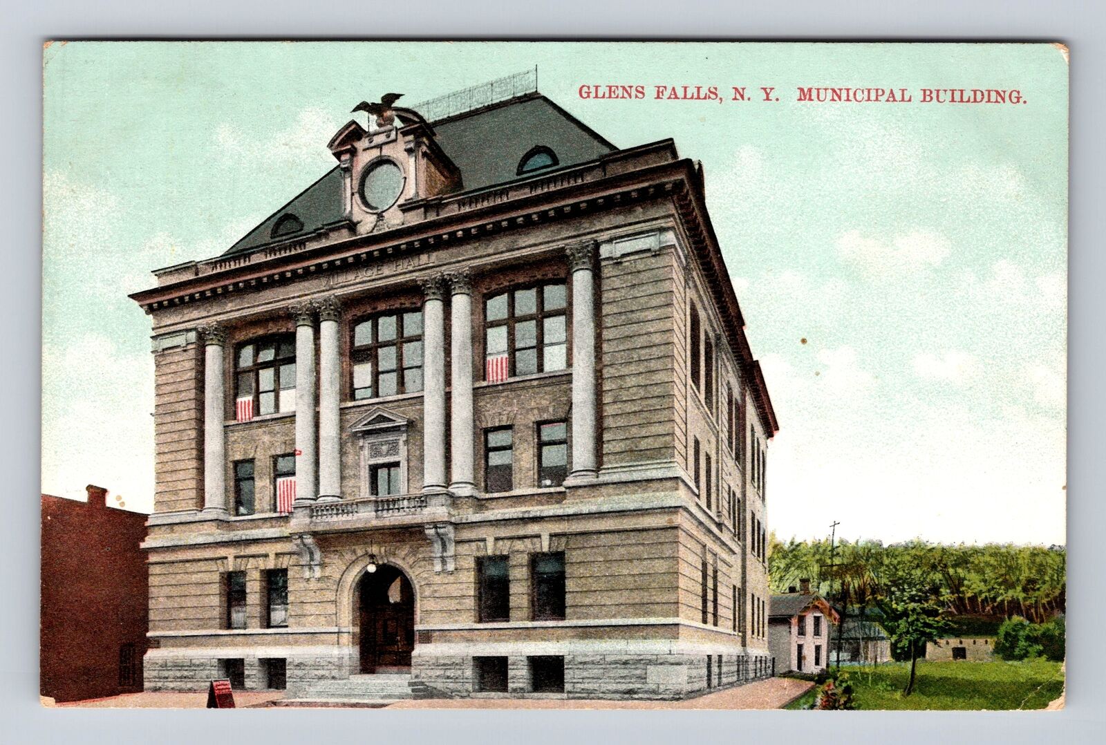 Glen Falls NY-New York, Municipal Building, Antique Vintage Souvenir Postcard