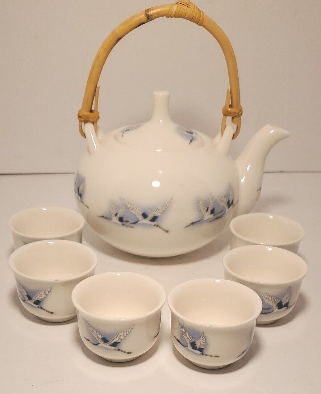 VINTAGE HAENGNAMSA SNOWBONE FINE CHINA Snowy Egret 8pc Tea Pot w/6 Tea Cups NIB