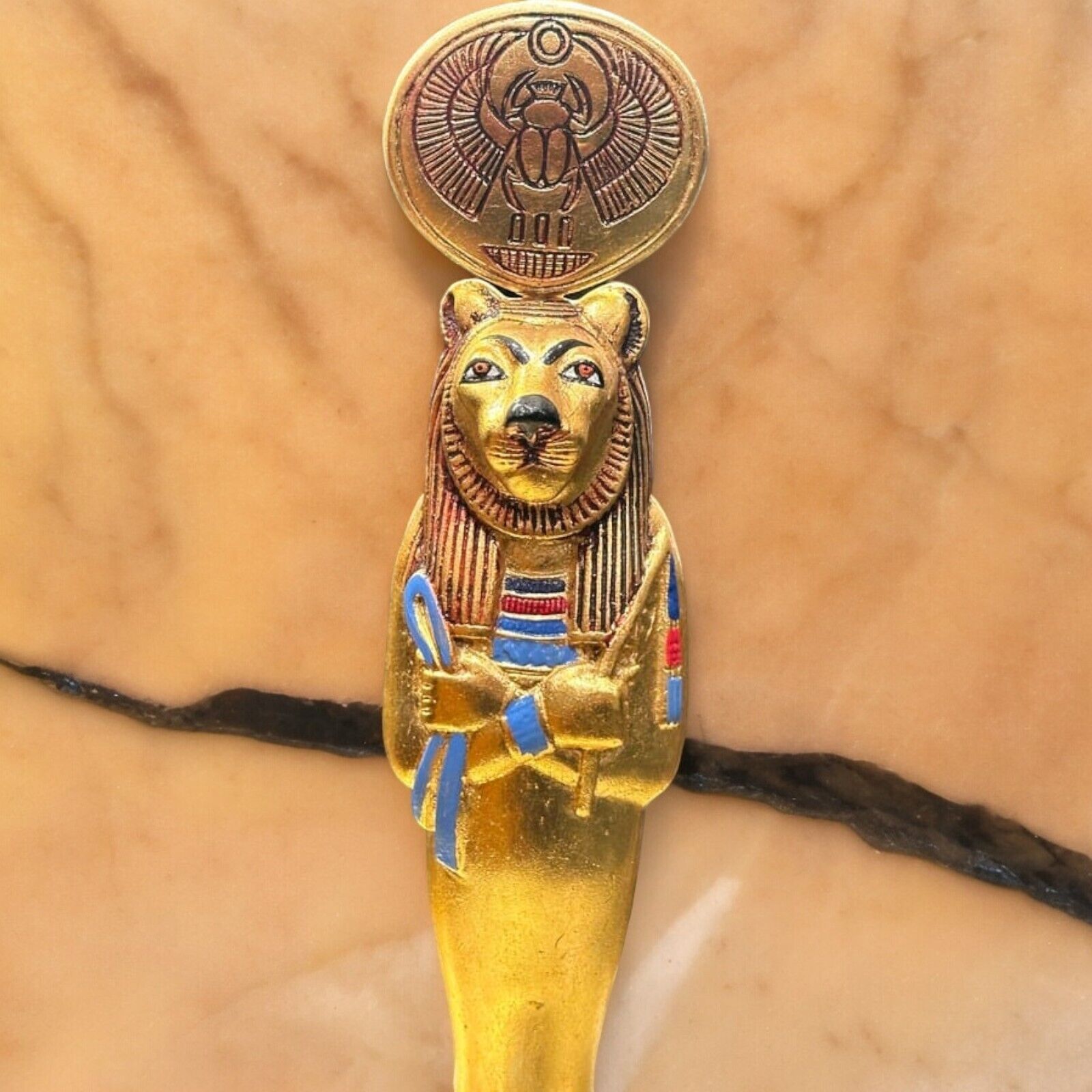 Rare Egyptian Antiques Golden Statue Large Of Goddess Sekhmet With Scarab Disk