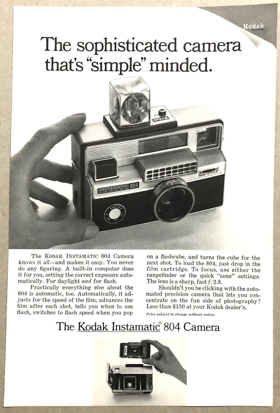 Vintage 1967 Full Page Print Advertisement - Kodak Instamatic 804 Camera