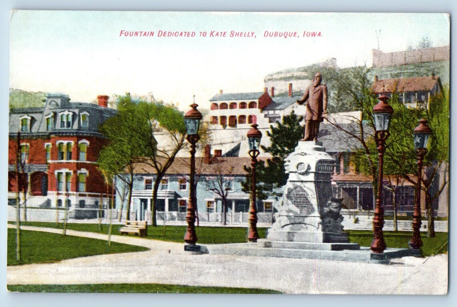 Dubuque Iowa Postcard Fountain Dedicated Kate Shelly Statue Building Trees 1910