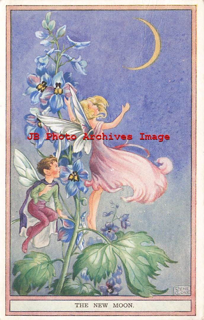 Rene Cloke, Valentine No 340, The New Moon, Fairy & Flowers