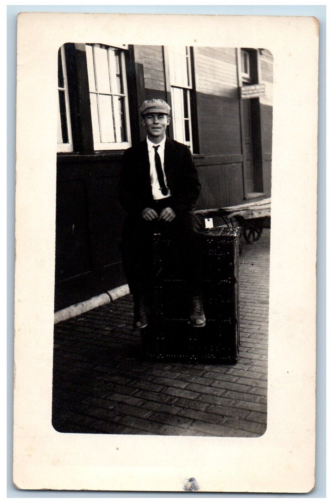 Young Boy Postcard RPPC Photo Steamer Trunk Suitcase c1910's Unposted Antique