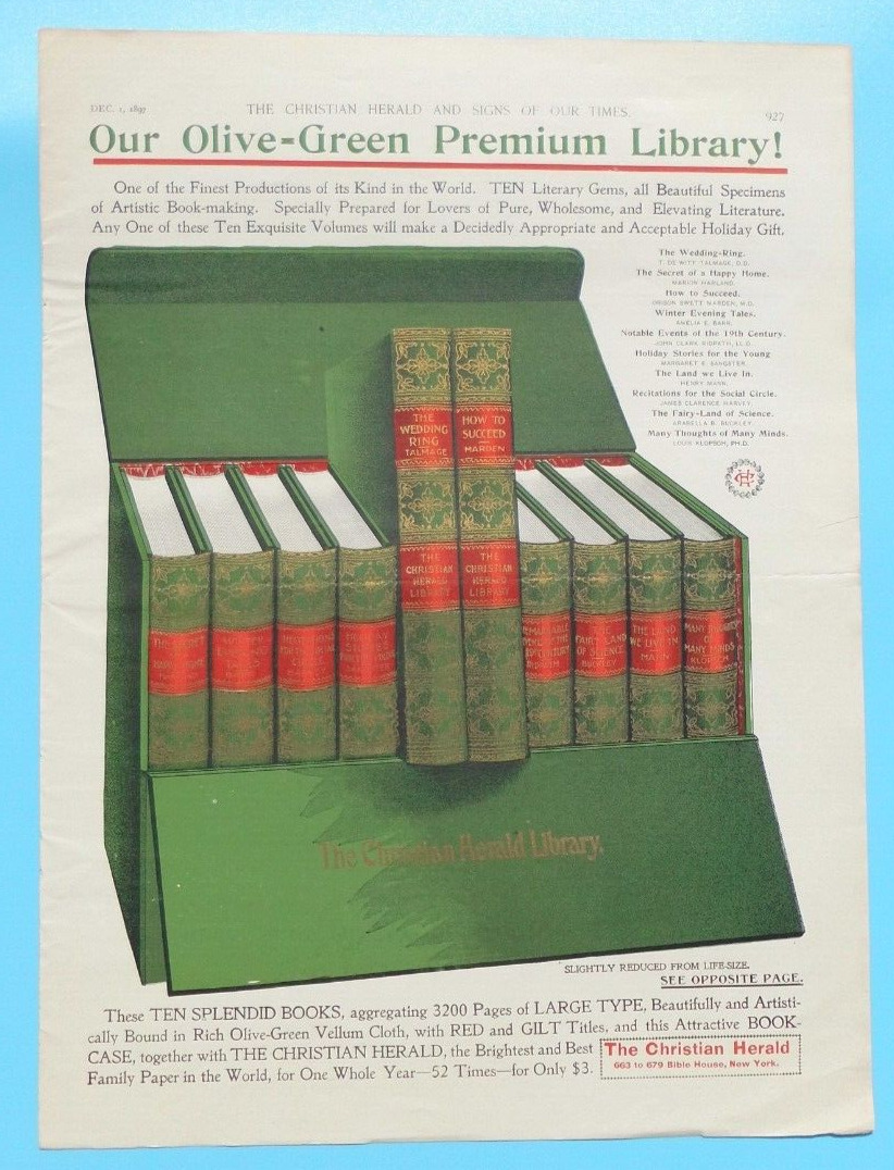 1897 Christian Heald Library Olive Green Book Set Magazine Advertisement