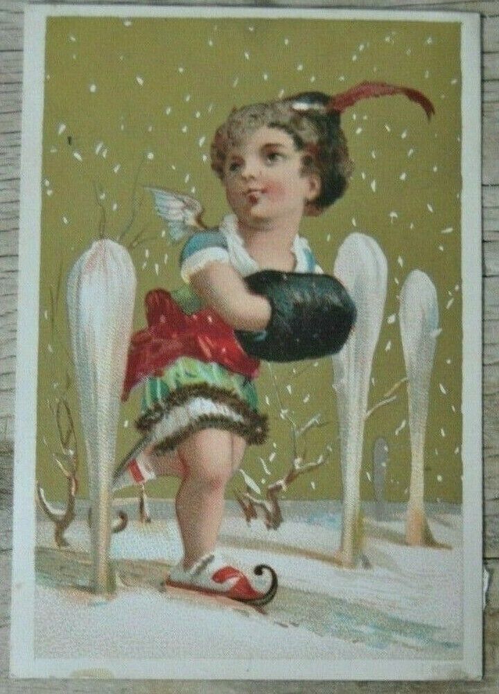 Antique French Trade Card Child with Muffin on Ski Shoes  Lithograph Gold