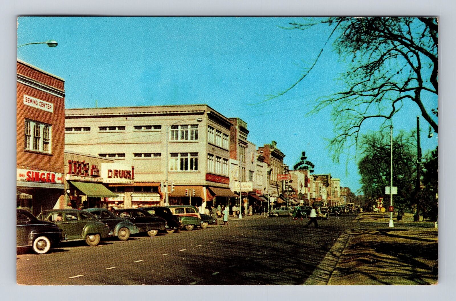 Columbus GA-Georgia, Broadway Looking North Drugstore Vintage c1957 Postcard