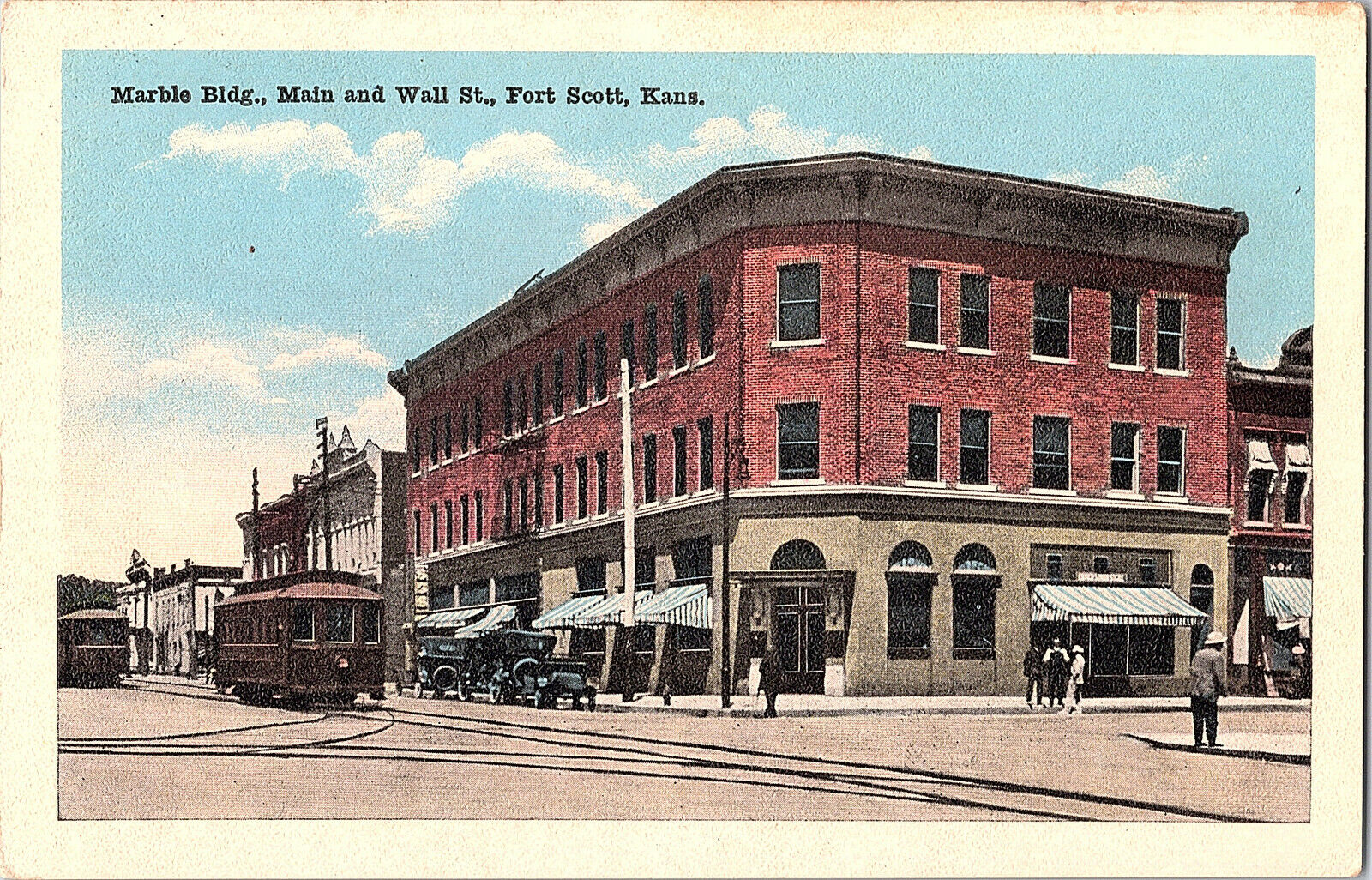 Postcard Marble Building Main Wall Street Fort Scott Kans. Kansas Trolley Car