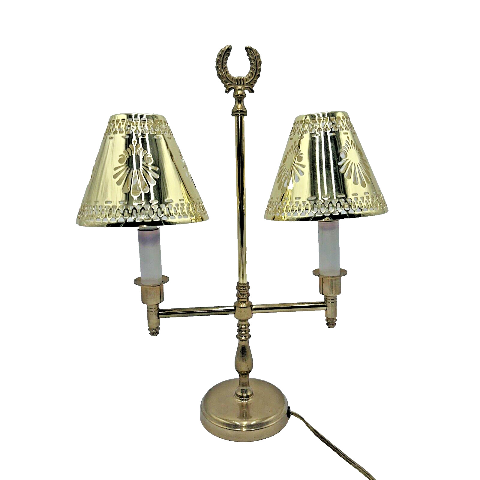 Vintage Mid Century Brass Double Arm Metal Desk Lamp with Metal Cutout Shades