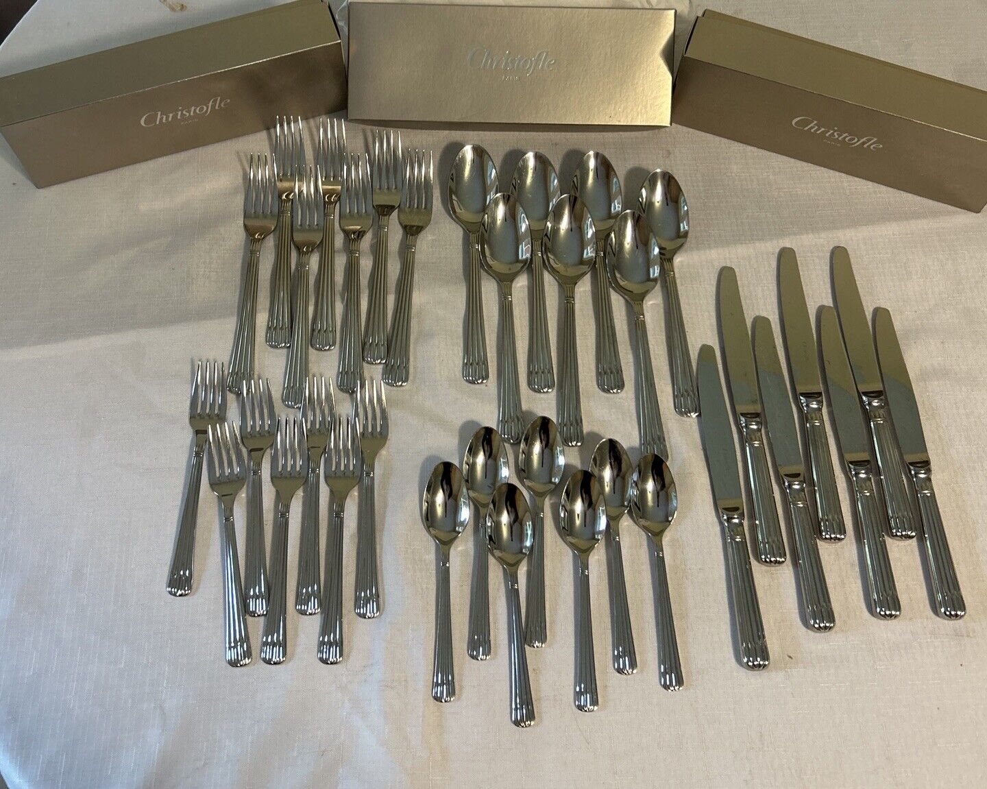 Christofle France Osiris  stainless Flatware SET 14 -Forks 14 Spoons 7 Knife Set