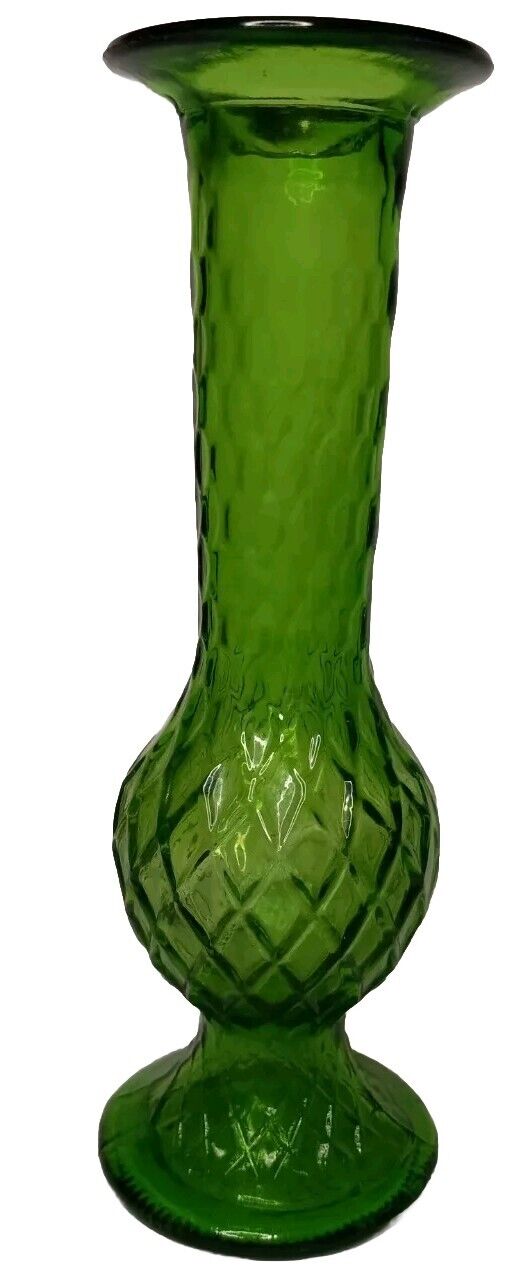 Vintage E.O. Brody Emerald Green Bud Vase With Diamond Design 7.5”